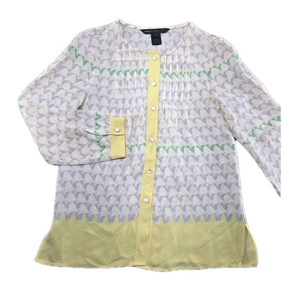 Marc by Marc Jacobs Womens 2 Silk Blouse Pastel Yellow Long Sleeve Geo Print